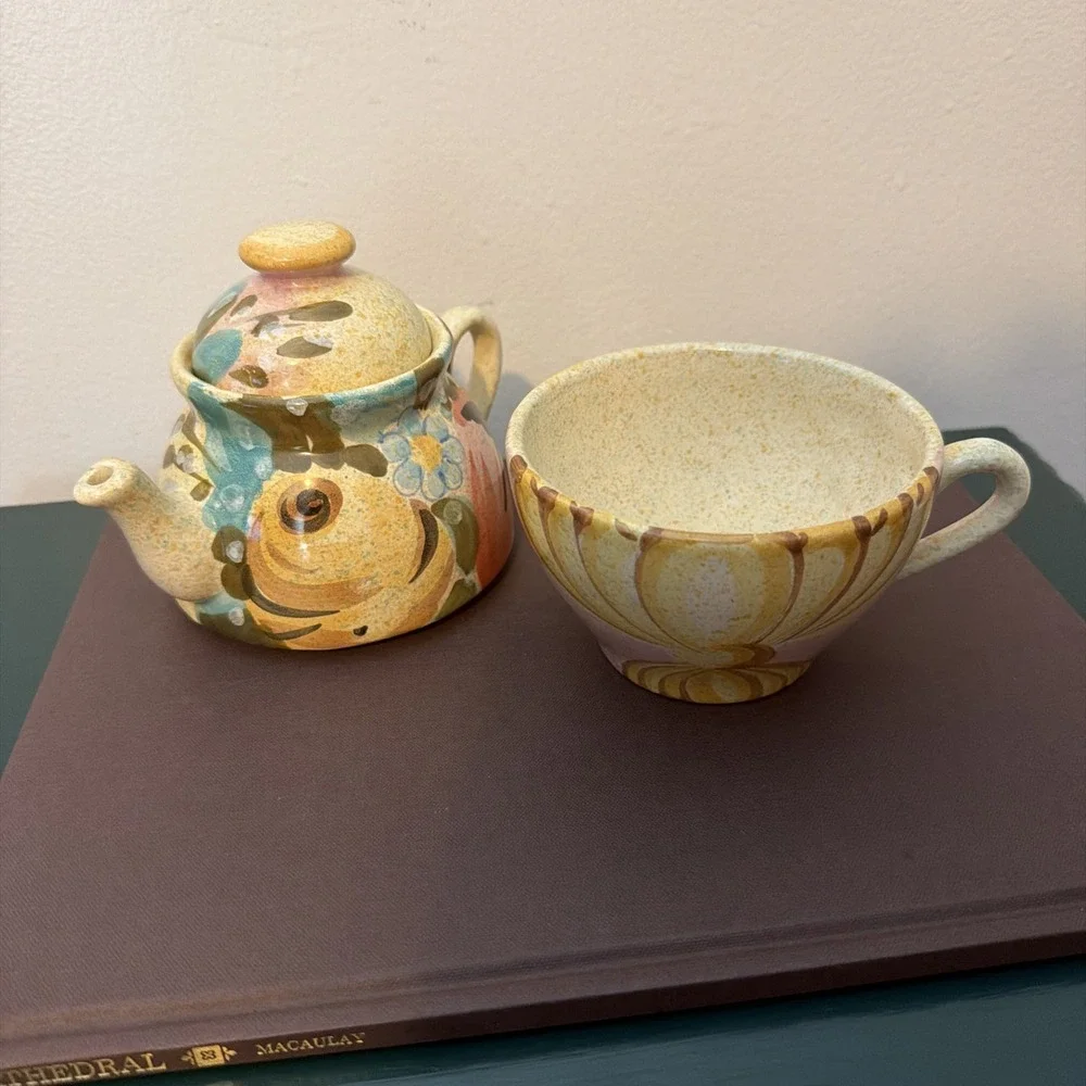 Italian Pottery Stacking Teapot & Cup Set Hand Painted cottagecore Tea for One